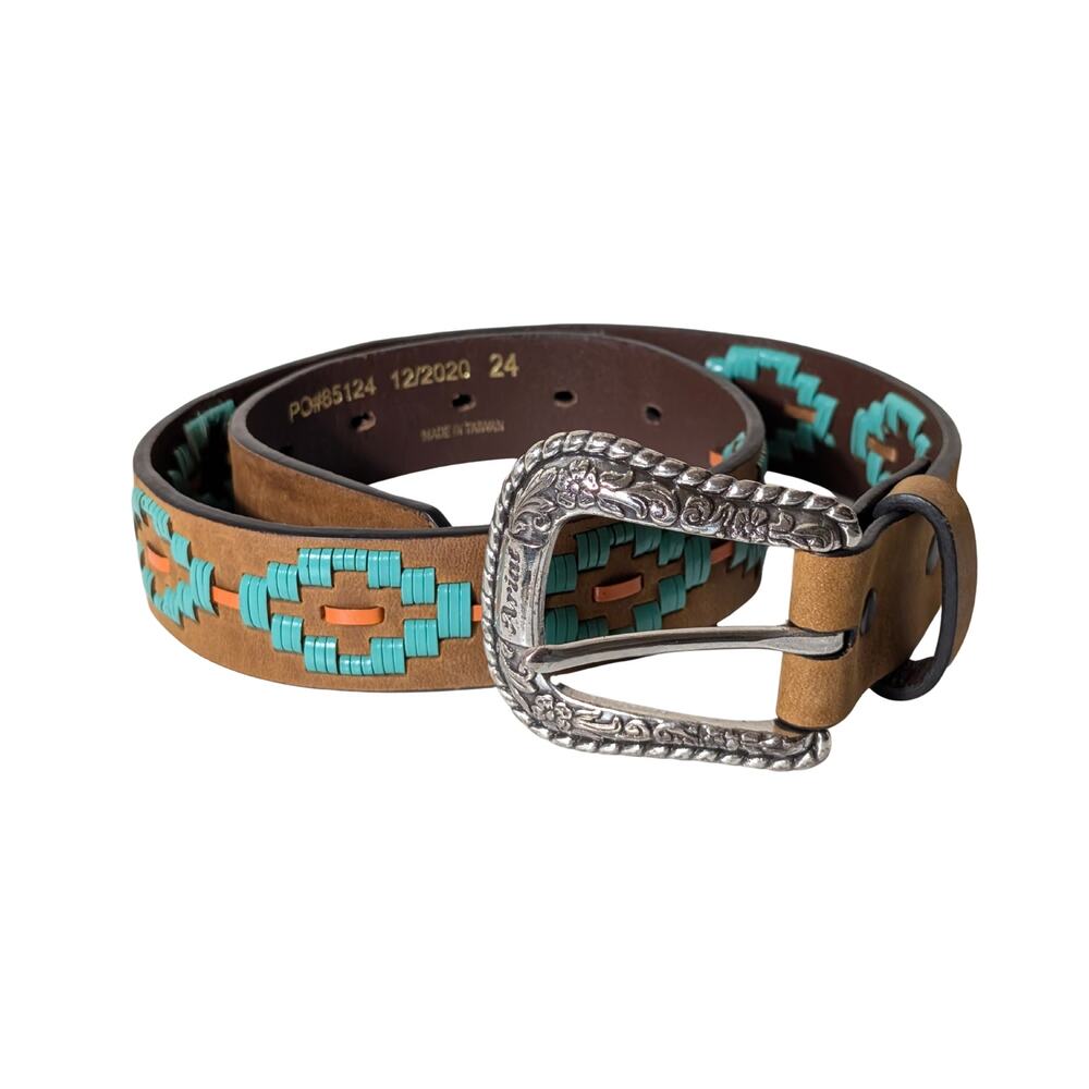 Ariat Southwest Laced Western Leather Belt Logo Buckle Brown Teal Womens Size 24